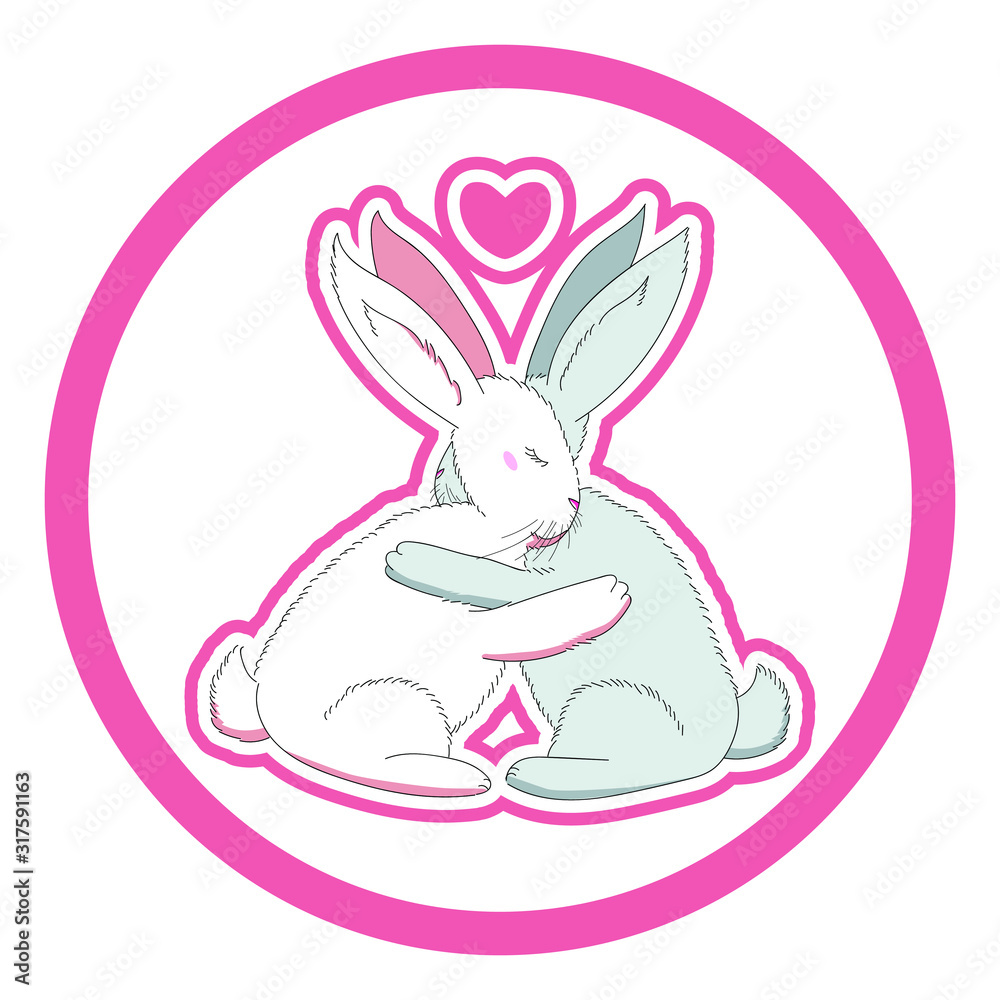 Two bunnies hug each other with their paws. Bunnies with raised ears and a heart above them. Tender hugs. Two bunnies hug each other with their paws. Bunnies with raised ears and a heart above them. Tender hugs.