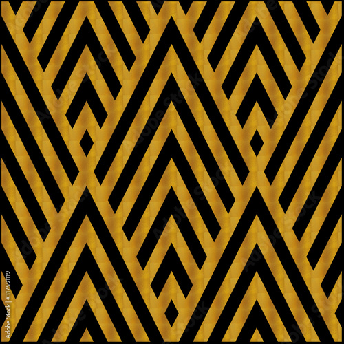 Gold Art Deco pattern on a black background, with linear geometric style. Template for web, wallpaper, digital graphics, packaging, objects, packaging and artistic decorations.