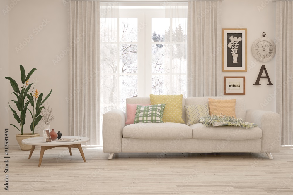 Stylish room in white color with sofa and winter landscape in window. Scandinavian interior design. 3D illustration Stylish room in white color with sofa and winter landscape in window. Scandinavian interior design. 3D illustration