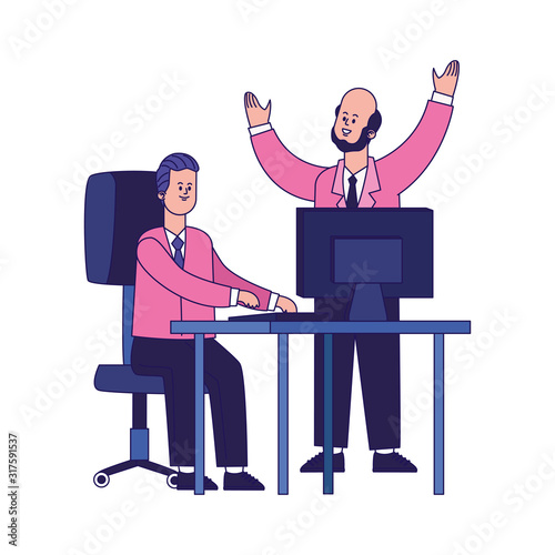 cartoon businessmen working on office desk with computer, colorful design