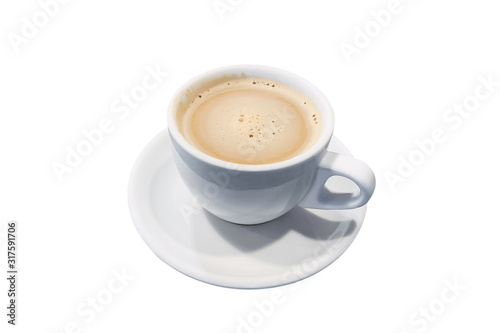 cup of coffee with milk on a saucer isolated on white background