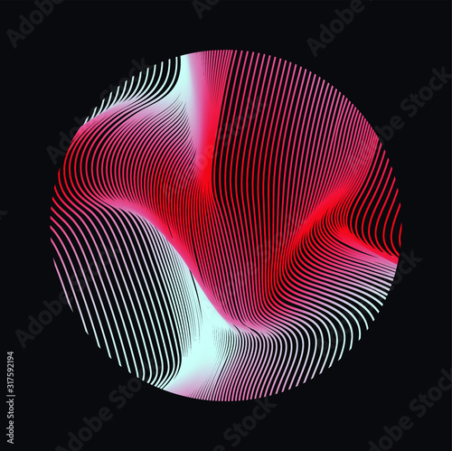 Illuminated holographic circle with glitched texture, wavy lines. Retrofuturistic illustration in 80s-90s Vaporwave, synthwave, retrowave style.