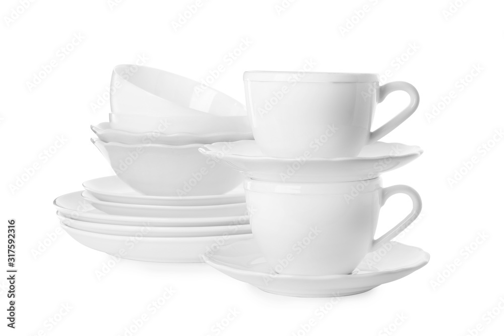 Set of clean tableware isolated on white Set of clean tableware isolated on white