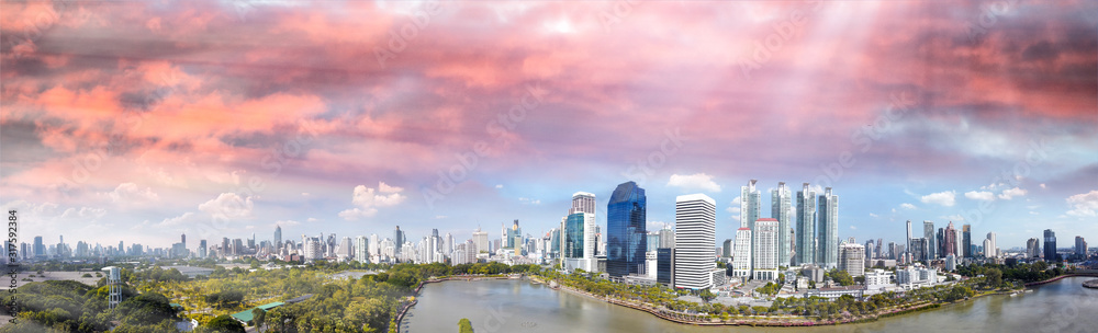 Bangkok skyline, Thailand. Aerial view of city buildings from Benjakitti Park