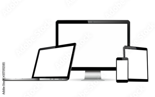 Set of blank screens with computer monitor, laptop, tablet, and smartphone © fad82