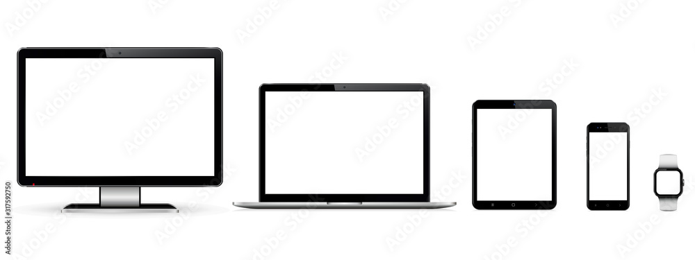 Set of blank screens with computer monitor, laptop, tablet, and smartphone Set of blank screens with computer monitor, laptop, tablet, and smartphone