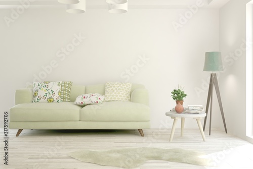 Stylish room in white color with sofa. Scandinavian interior design. 3D illustration