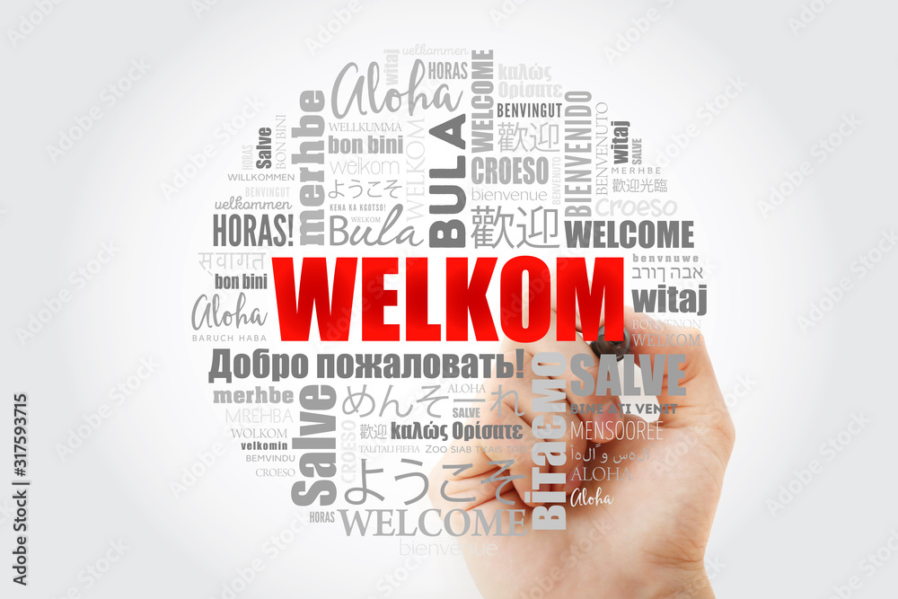 Welkom (Welcome in Afrikaans) word cloud with marker in different languages, conceptual background Welkom (Welcome in Afrikaans) word cloud with marker in different languages, conceptual background
