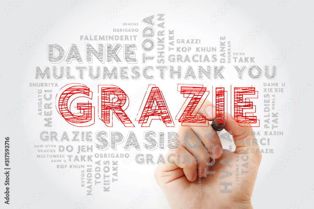 Grazie (Thank You in Italian) word cloud background in different languages with marker Grazie (Thank You in Italian) word cloud background in different languages with marker
