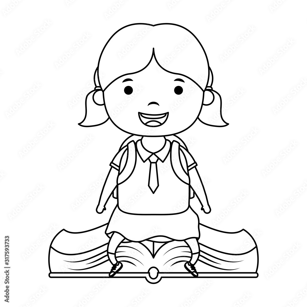 cute little student girl seated in book character