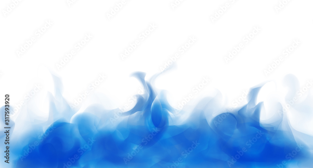 Thick blue smoke. Realistic blue fog. White background. Abstract