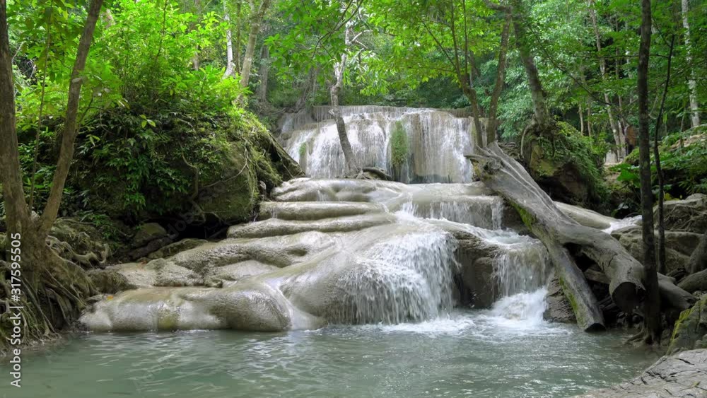 Erawan waterfall level two in National Park, famous tourist destination in Kanchanaburi, Thailand.
