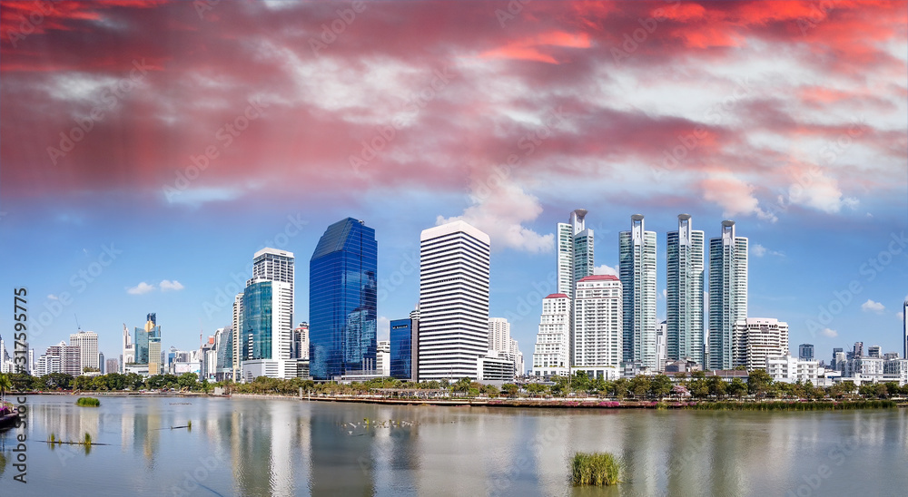 Bangkok skyline, Thailand. Aerial view of city buildings from Benjakitti Park