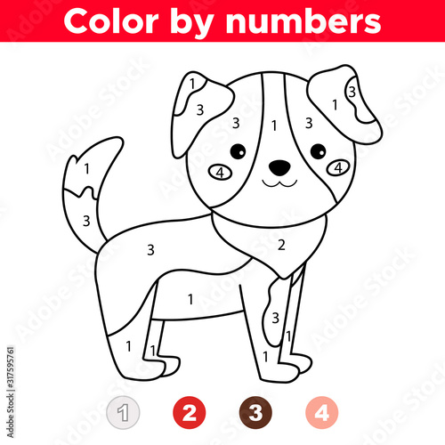 Educational game for preschool children, learn colors and number. Coloring page with numbers. Cute kawaii cartoon dog.