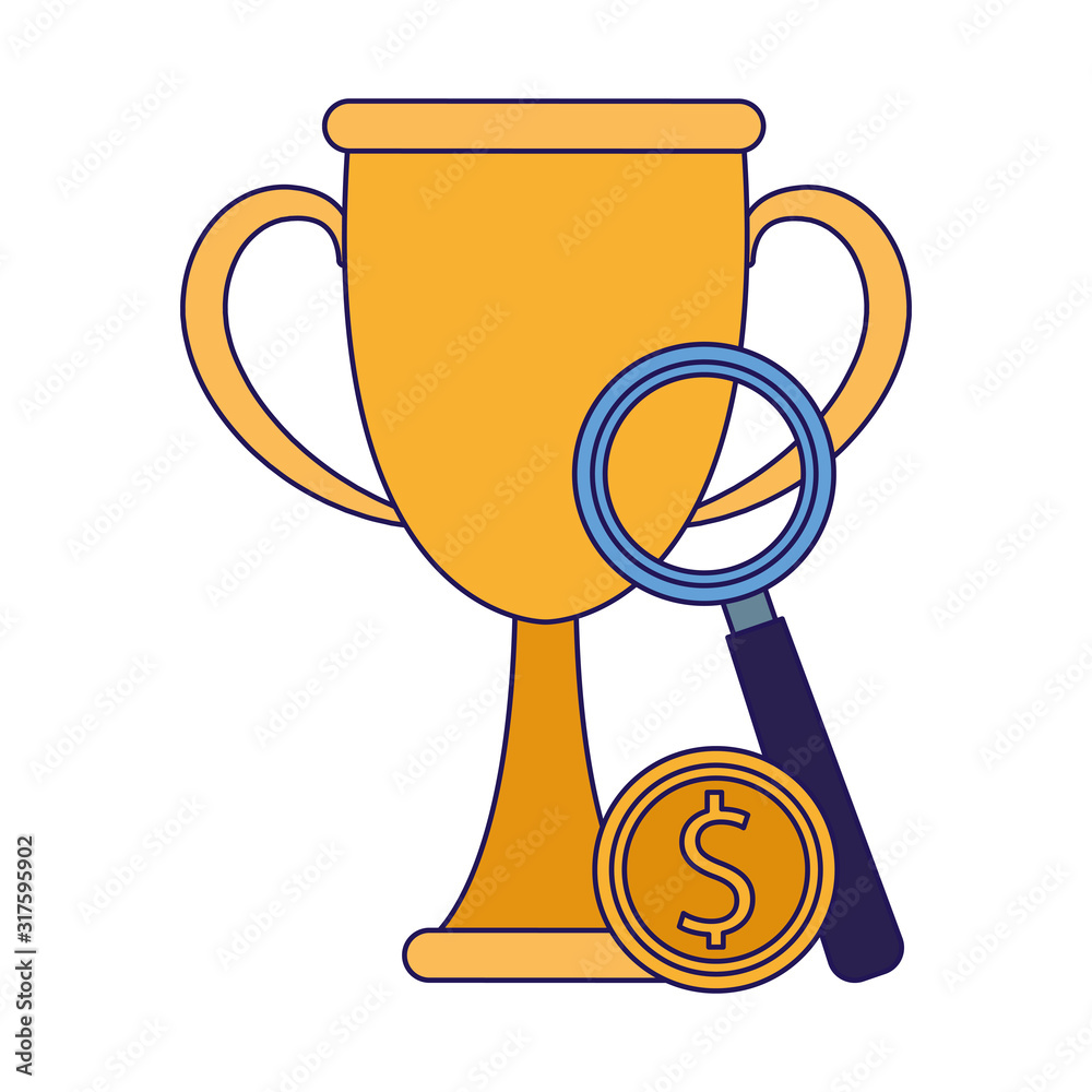 trophy cup with money coin and magnifying glass, flat design trophy cup with money coin and magnifying glass, flat design