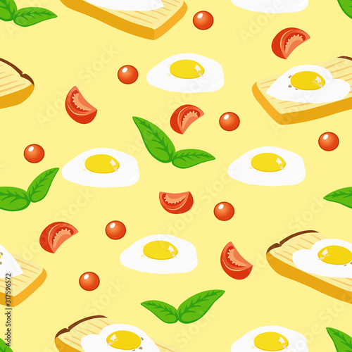 Fototapeta Naklejka Na Ścianę i Meble -  Vector drawing, pattern, delicious crispy slice of bread with a fried egg, mint leaves, a slice of red tomato, cherry tomatoes, black cherry