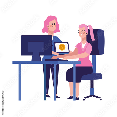 cartoon businesswomen at office desk with computers