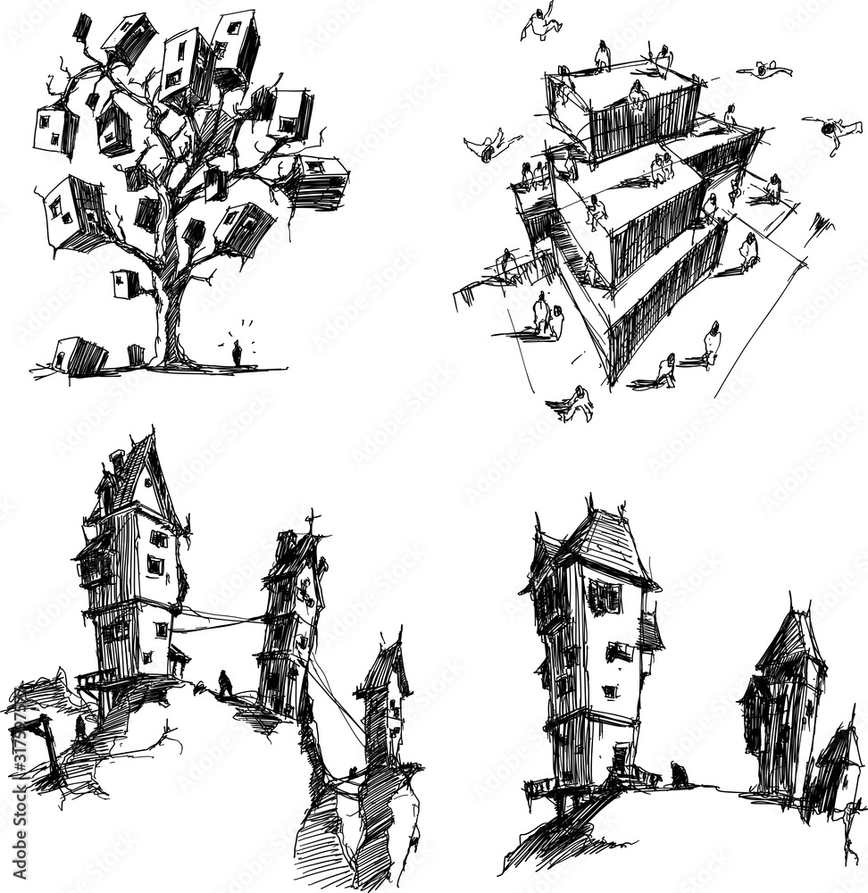 four hand drawn architectectural sketches of a modern abstract architecture with flying people around and old historical spooky houses and fantastic treehouse