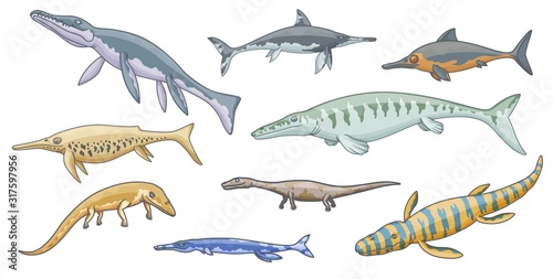 Fototapeta Naklejka Na Ścianę i Meble -  Dinosaur sea animal icons, jurassic marine reptile
