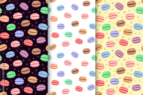 Set of Colorful Macarons. Vector seamless black, white, yellow pattern. French delicious background
