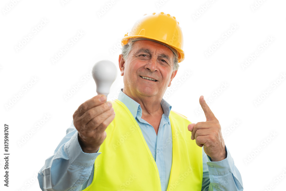 Architect holding bulb and making good idea gesture Architect holding bulb and making good idea gesture