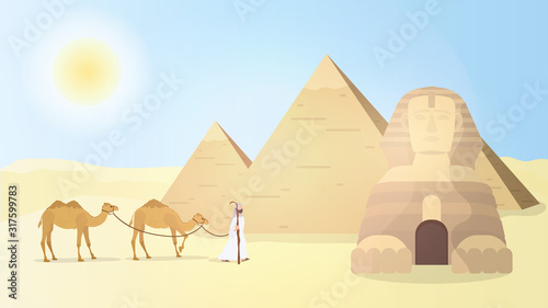 Egyptian Sphinx and Pyramids. Desert. A man leads camels through the desert. Vector illustration.
