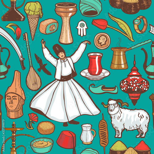 Dark Turkish Symbols Pattern in Hand Drawn Style