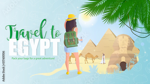 Travel to Egypt banner. Girl in a hat with a backpack with looks at Egypt. Egyptian sphinx, pyramids, palm trees and camels. Well suited for advertising tours.