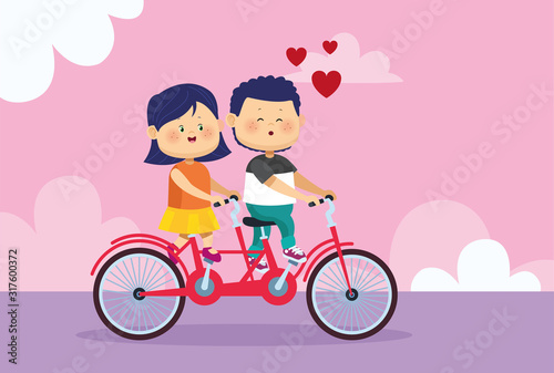 cartoon happy couple riding a double bike, colorful design