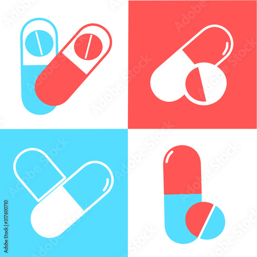 Medical pills icons set on the white, blue, and red background. Medicine, pharmacy, hospital set of drugs. Medication, pharmaceutics concept. Vector illustration. Drugs flat icons: pills, capsules. 