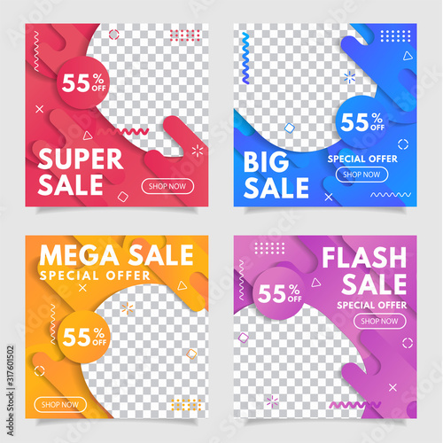 Banner for sale, offer, advertisement. Trendy background, flyer, poster, page. Cover with abstract elements, red, blue, orange and purple gradient