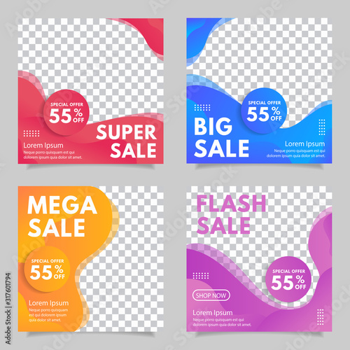 Banner for sale, offer, advertisement. Trendy background, flyer, poster, page. Cover with abstract elements, red, blue, orange and purple gradient