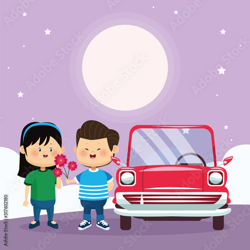 happy couple and red classic car