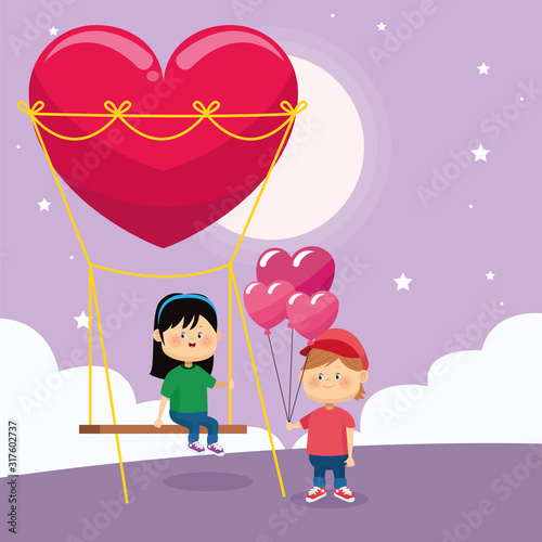 happy boy with hearts balloons and girl on heart swing