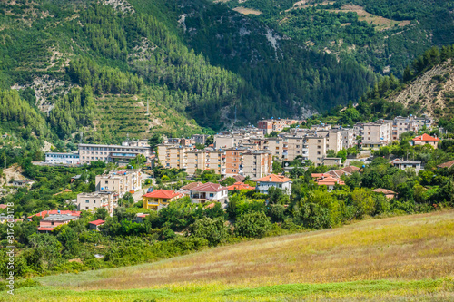 Corovode, Albania - July 31, 2014. Panoramic view on city by the river