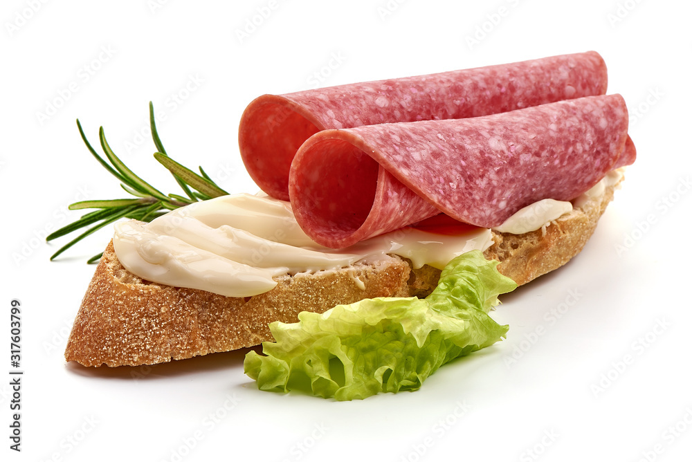 Salami sausage and cream cheese sandwich, isolated on white background Salami sausage and cream cheese sandwich, isolated on white background