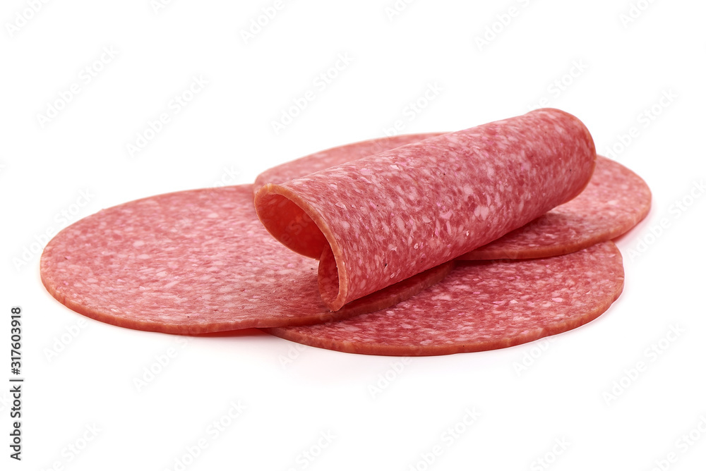 Salami sausage slices, isolated on white background Salami sausage slices, isolated on white background