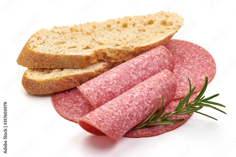 Salami sausage slices, isolated on white background Salami sausage slices, isolated on white background