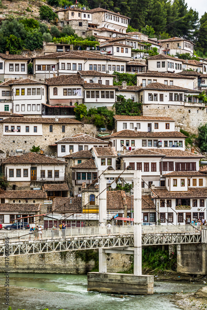 Berat, Albania - July 31, 2014. Detail of houses with brown roofs in Berati