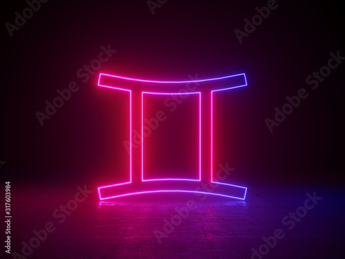 Gemini zodiac sign, glowing neon horoscope background. Astrology concept	