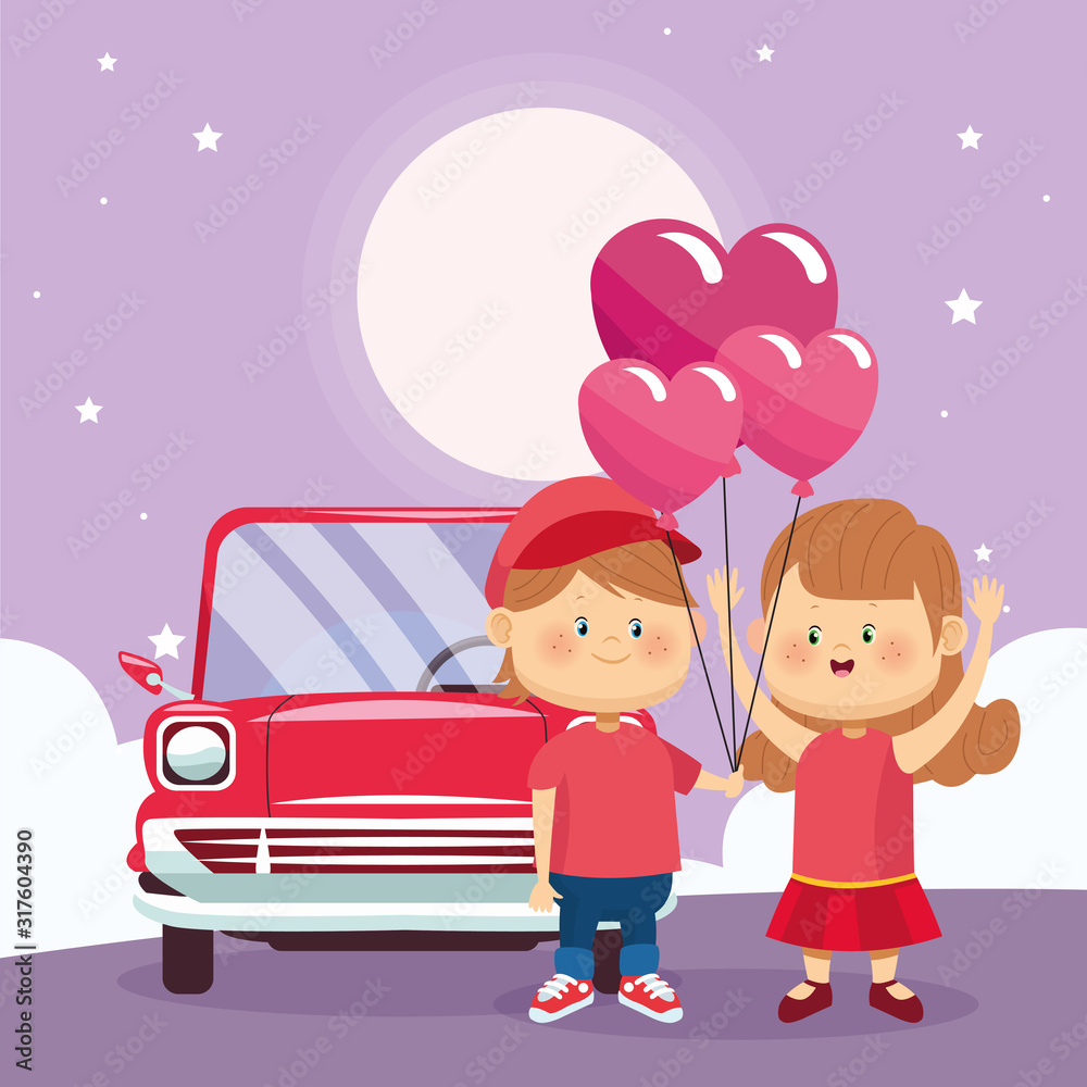 happy couple with hearts balloons over classic car happy couple with hearts balloons over classic car