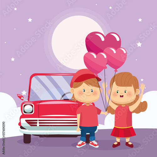 happy couple with hearts balloons over classic car
