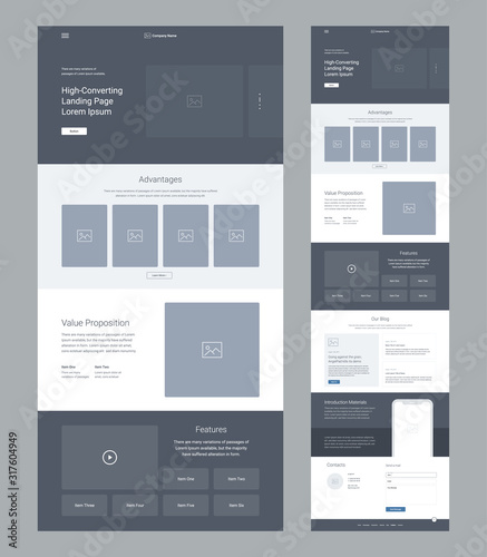 Landing page wireframe design for business. One page website layout template. Modern responsive design. Ux ui website: advantages, features, value propositions, information, blog, introduction.
