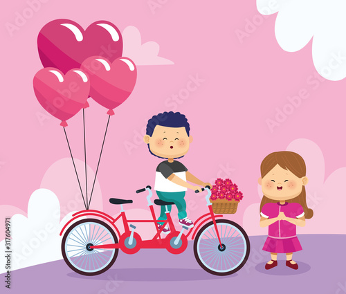 happy girl and boy on double bike with hearts balloons and flowers