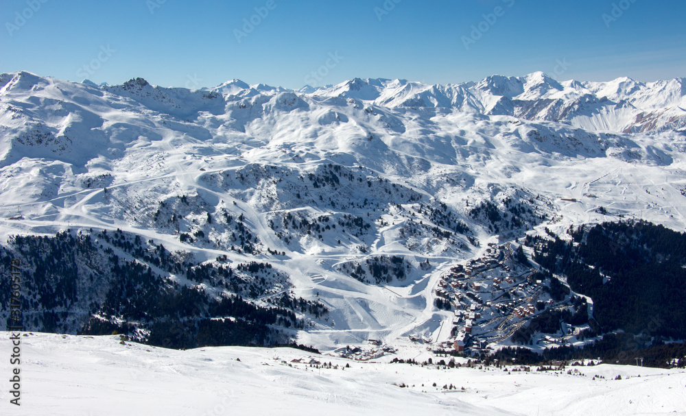 Meribel mottaret valley view sun snowy mountain landscape France alpes 3 vallees