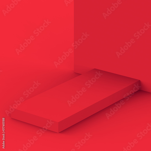 3d red white stage podium scene minimal studio background. Abstract 3d geometric shape object illustration render. Display for chinese new year holiday and merry christmas product.