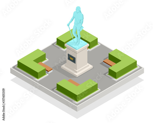 Isometric monument in the city park, bust of the commander. Historical and cultural attraction. History of war.