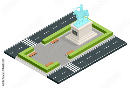 Isometric monument in the city park, bust of the commander. Historical and cultural attraction. History of war.