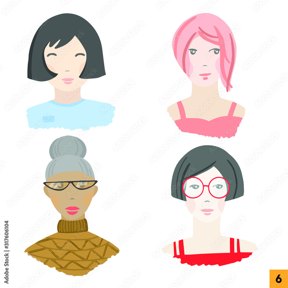 Set of portraits of avatars of different cute women isolated on a white background. Different ages, nationalities, clothes and hair styles. Set of portraits of avatars of different cute women isolated on a white background. Different ages, nationalities, clothes and hair styles.
