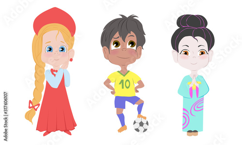Men and women wearing various national costumes vector illustration